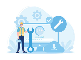 worker installing cloud database concept flat illustration