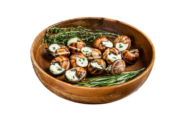 French Escargot Snails with garlic butter in a wooden plate.  Transparent background. Isolated.
