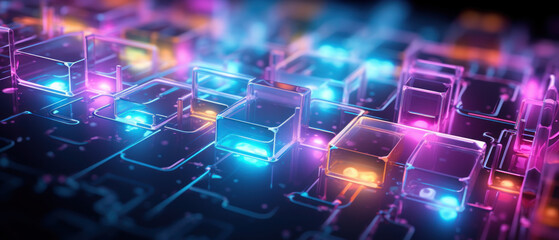 Morphism fluorescent elements and futuristic concept create a cybernetic atmosphere.