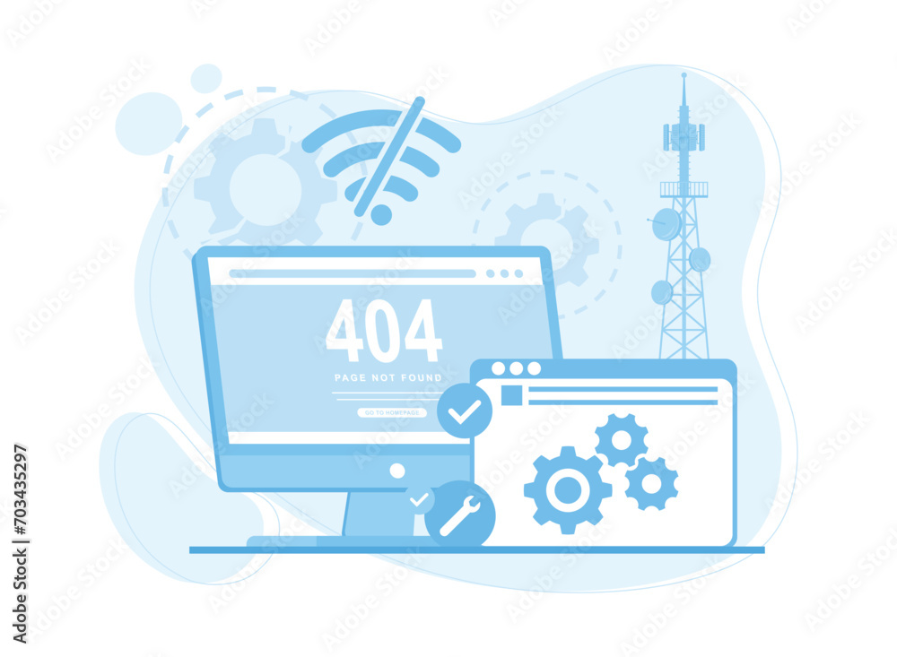 Wall mural computer screen error page 404 no internet connected concept flat illustration