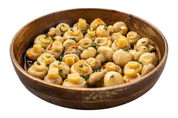 Pickled mushrooms champignons in a wooden plate.  Transparent background. Isolated.