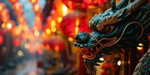 Chinese green dragon against the background of a street decorated with red paper lanterns, chinese...