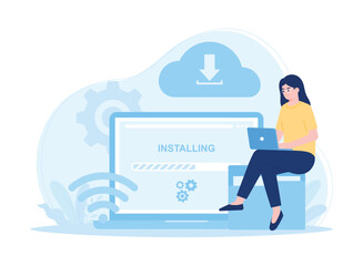 woman with laptop installing cloud data concept flat illustration