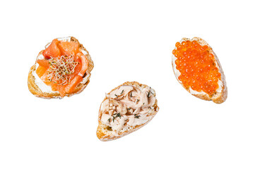 Fototapeta na wymiar Bruschetta with Hot Smoked salmon, red caviar and herbs. Transparent background. Isolated.