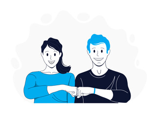 Illustration of two friends girl and guy smiling together. Friends who help each other. Flat illustration in modern style.