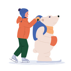 Kid ice skating with skating helper bear. Child skates training aid. Winter season sport activity for kids. Young girl in outdoor holiday, weekend on ice rink. Flat isolated vector illustration
