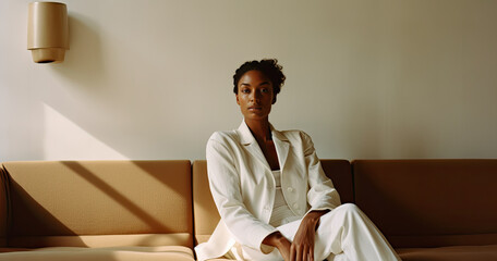 Thoughtful sensual afican american young woman in elegant suit is sitting on sofa in living room