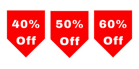 40%, 50%, 60% Off label on transparent background