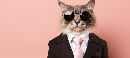 Cool cat in shades and suit with tie, isolated on pink background with copy space on left side