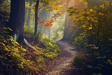 A walkway meanders through a scene of October woodland, replete with ferns and trees displaying golden leaves.
