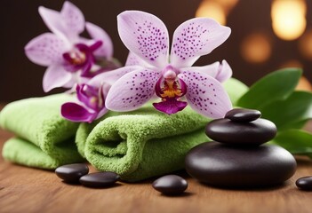 Fototapeta na wymiar Aromatherapy spa beauty treatment and wellness background with massage pebbles orchid flowers towel