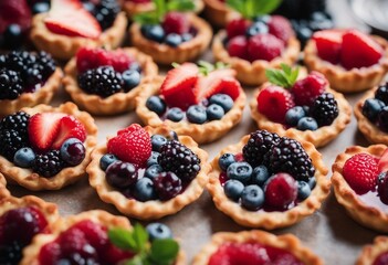 Berry tartlets background Delicious summer pastry dessert top view - obrazy, fototapety, plakaty