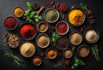 Different spices and herbs on black stone table top view Ingredients for cooking Food background