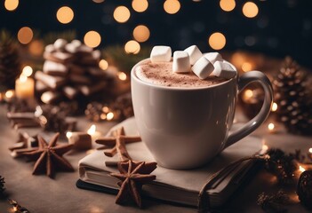 Cup of hot cocoa or chocolate with marshmallow holiday decorations and notebook with wish list