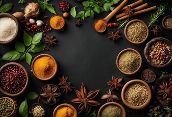 Different spices and herbs on black stone table top view Ingredients for cooking Food background