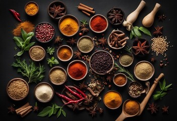 Obraz na płótnie Canvas Different spices and herbs on black stone table top view Ingredients for cooking Food background