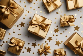 Fototapeta na wymiar Golden gift or present boxes with golden bows and star confetti top view Christmas background