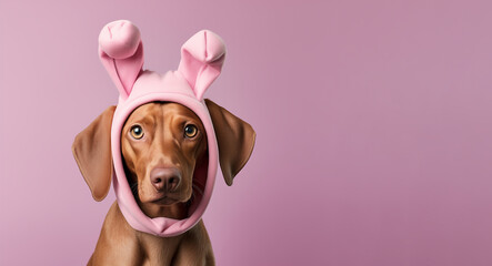 Adorable brown dog with pink rabbit ears - obrazy, fototapety, plakaty