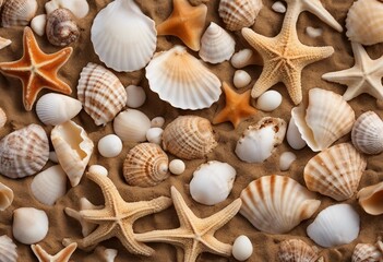 Fototapeta na wymiar Top view of a sandy beach with exotic seashells and starfish as natural textured background
