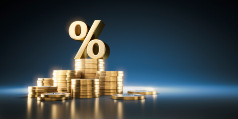 Golden percentage sign on top of stack of golden coins - 3D illustration
