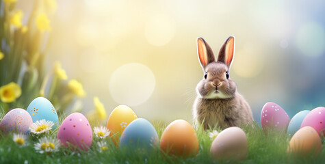 Fototapeta na wymiar Adorable cute rabbit with easter eggs in meadow