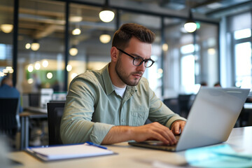 Energetic Businessman: Busy professional business man Typing on Laptop at Office Workspace, male worker software developer