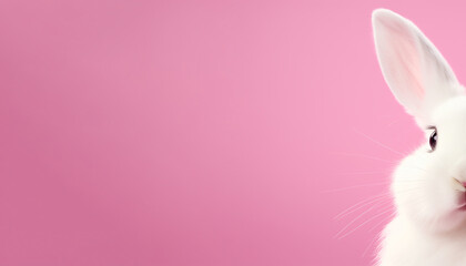 Adorable white rabbit on a pink background, copyspace