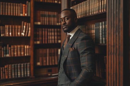 Muscular African American Lawyer in Fitted Suit at Law Office
