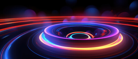 Obraz premium A mesmerizing blend of neon lights and circular patterns in this abstract background.