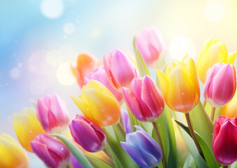Bouquet of beautiful colorful tulips on a bokeh background