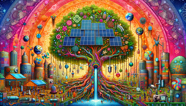 Maximalist Tapestry: Tree of Life with Solar Leaves and Global Efforts