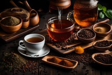 Obraz na płótnie Canvas Embark on a journey of sensory delight with a super realistic stock photo showcasing the artistry of Herbal tea and coffee. 