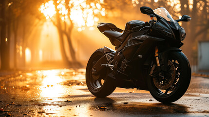 Sunset Ride: Sports motorcycle in Golden Hour on Asphalt