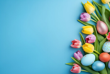Bouquet of colorful tulips and easter eggs on a blue background