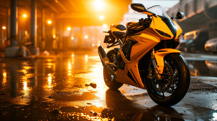 Urban Twilight: Sports motorcycle on Rainy Streets
