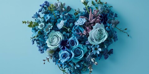 Blue flowers bouquet on a blue background. Flat lay, top view, valentine vibes