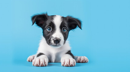 Funny border collie puppies close-up isolated on a blue background. space for text