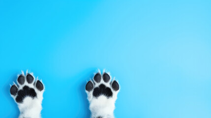 Funny paws of a border collie puppy close-up isolated on a blue background. space for text