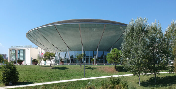 Aerial view of the Congress Palace of Rimini named Palacongressi. Rimini, Italy