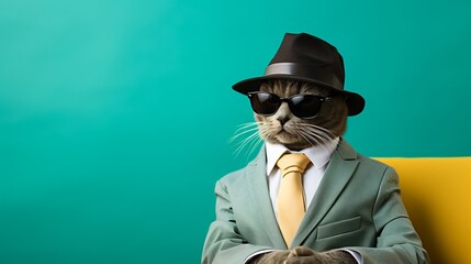 Stylish cat in sunglasses and suit, isolated on green background with left side text space