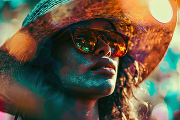 summer illustration in multi colors summer holidays retro style, a beautiful tanned girl with sunglasses and hat relaxing and enjoy the summer sun, is useful for summer holidays
