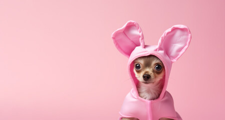 Cute little dog with pink rabbit costume, copyspace