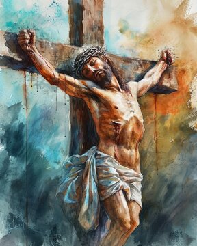 jesus christ, Jesus crucified on the cross, praying for those who crucified him, offering his love and forgiveness until his last breath, watercolor, oil paint, copy space - generative ai