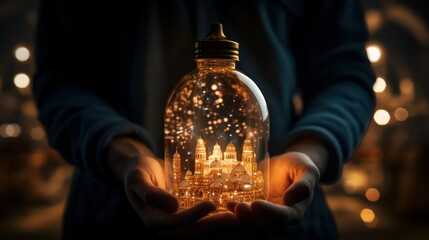 Close up of woman hands holding glowing light bulb with cityscape inside - obrazy, fototapety, plakaty