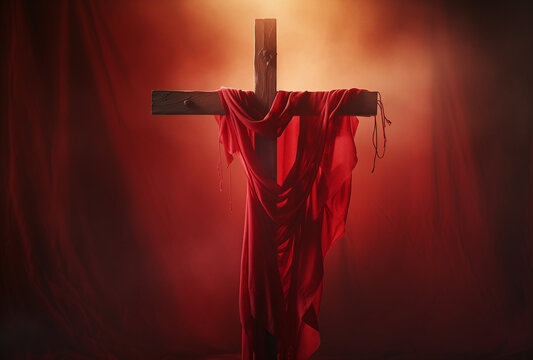 Wooden cross with a red cloth on it