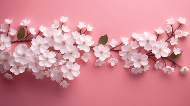 Beautiful image with flowers. The time of year is spring and summer. Plain design background. Nature, leaves and branches. Pink, blue, purple, yellow tone. Background for printing in the interior.