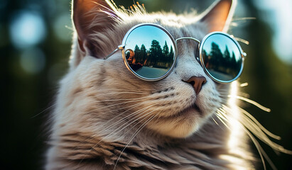 Naklejka premium cat with sunglasses on a blue background. The cat is wearing glasses. Cute cat wearing sunglasses on blue background. Copy space for your text.
