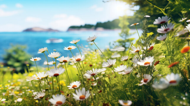 Summer sunshine illuminates a coastal flower meadow in a vibrant,  detailed illustration