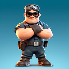 A policeman with dark glasses, posing for a photo, in uniform, ready to fight crime and arrest criminals. 3D rendering design illustration.