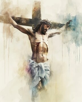 jesus christ, Jesus crucified on the cross, praying for those who crucified him, offering his love and forgiveness until his last breath, watercolor, oil paint, copy space - generative ai